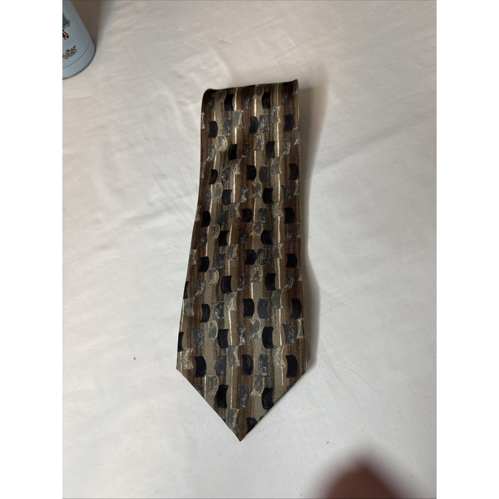 Cambridge Classic Mervyns Geometric Black Gray Beige Brown 100% Italian Silk Tie